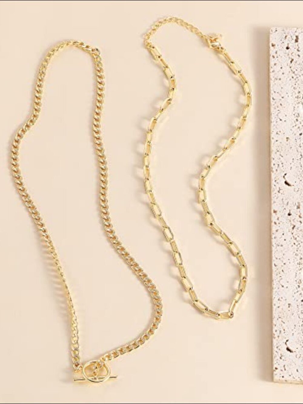 14K Yellow Gold Chain Necklac Layered Cuban Link Paperclip Toggle Clasp - Picture 5 of 5